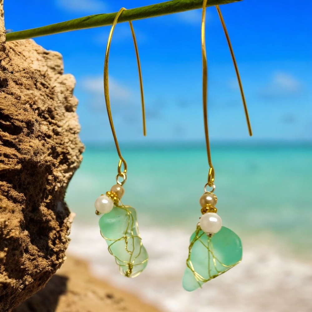 Elegant Gold and Mint Sea Glass Earrings